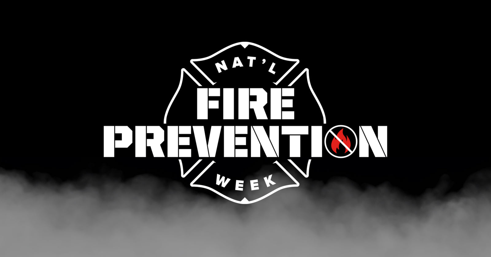 Black background with smoke and a National Fire Prevention Week logo.
