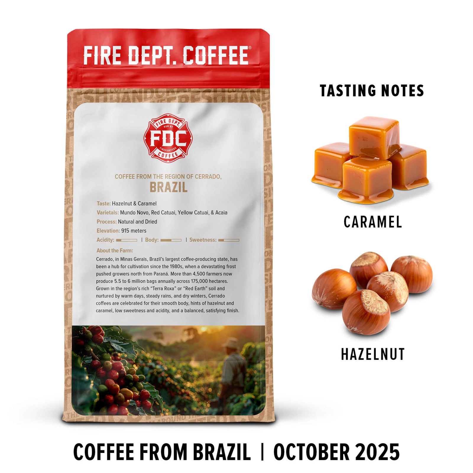 Fire Dept. Coffee package with tasting notes for caramel and hazelnut, featuring a farmer and coffee beans on a white background.