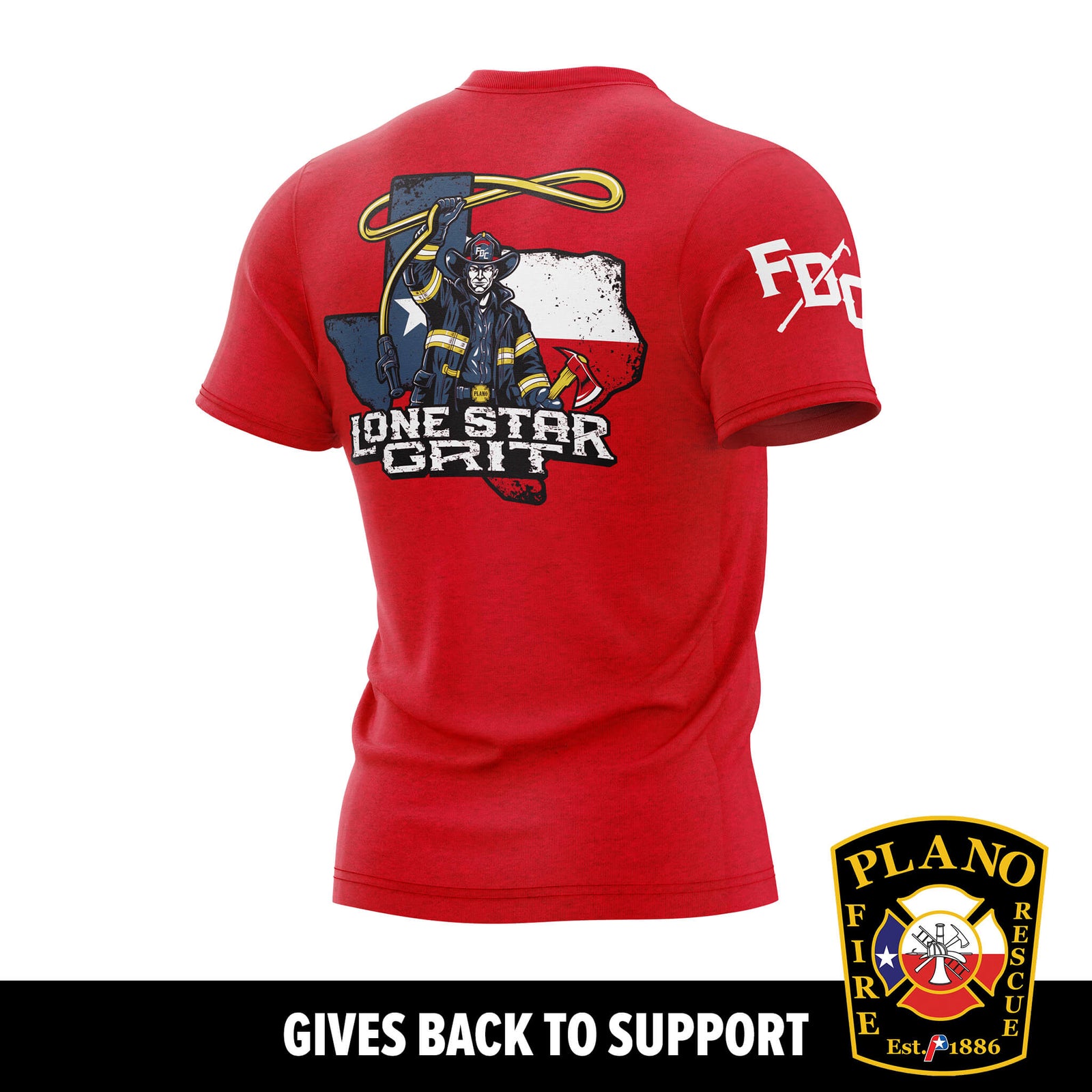 Fire Department Shirt Club Red t-shirt with a graphic design on the back, featuring text and a logo, on a white background.
