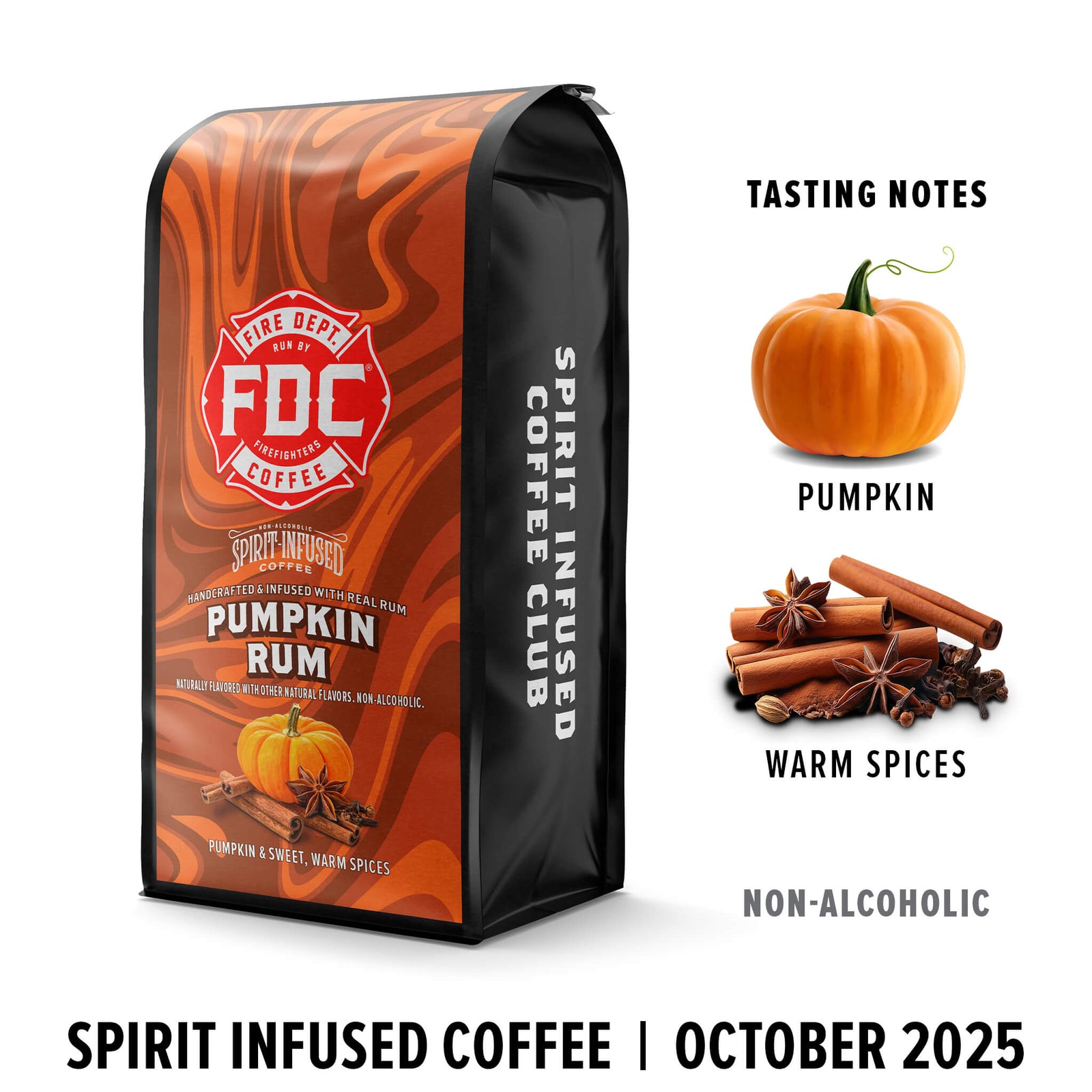 Bag of Fire Dept. Coffee Pumpkin Rum coffee with pumpkin and cinnamon sticks on a white background