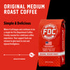 A bag of original Medium Roast Coffee with bold text that reads, "Simple and Delicious". A paragraph under reads, "Where it all began and continues to be a stable for Fire Department Coffee. Freshly roasted for a delicious coffee experience. Your support fuels our mission to give back to sick and injured firefighters."