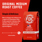 A bag of original Medium Roast Coffee with bold text that reads, ”Simple and Delicious”. A paragraph under reads, ”Where it all began and continues to be a stable for Fire Department Coffee. Freshly roasted for a delicious coffee experience. Your support fuels our mission to give back to sick and injured firefighters.”