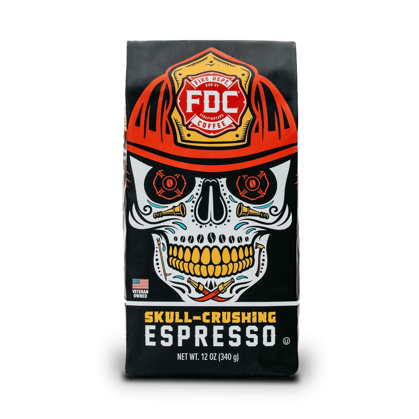 A 12-ounce package of Fire Department Coffee Skull-Crushing Espresso Roast.