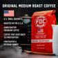 A bag of Original Medium Roast Coffee with bullet points that read, ”U.S small business, roasted in the U.S.A, handcrafted premium coffee, coffee that gives back to firefighters, firefighter and veteran owned”.