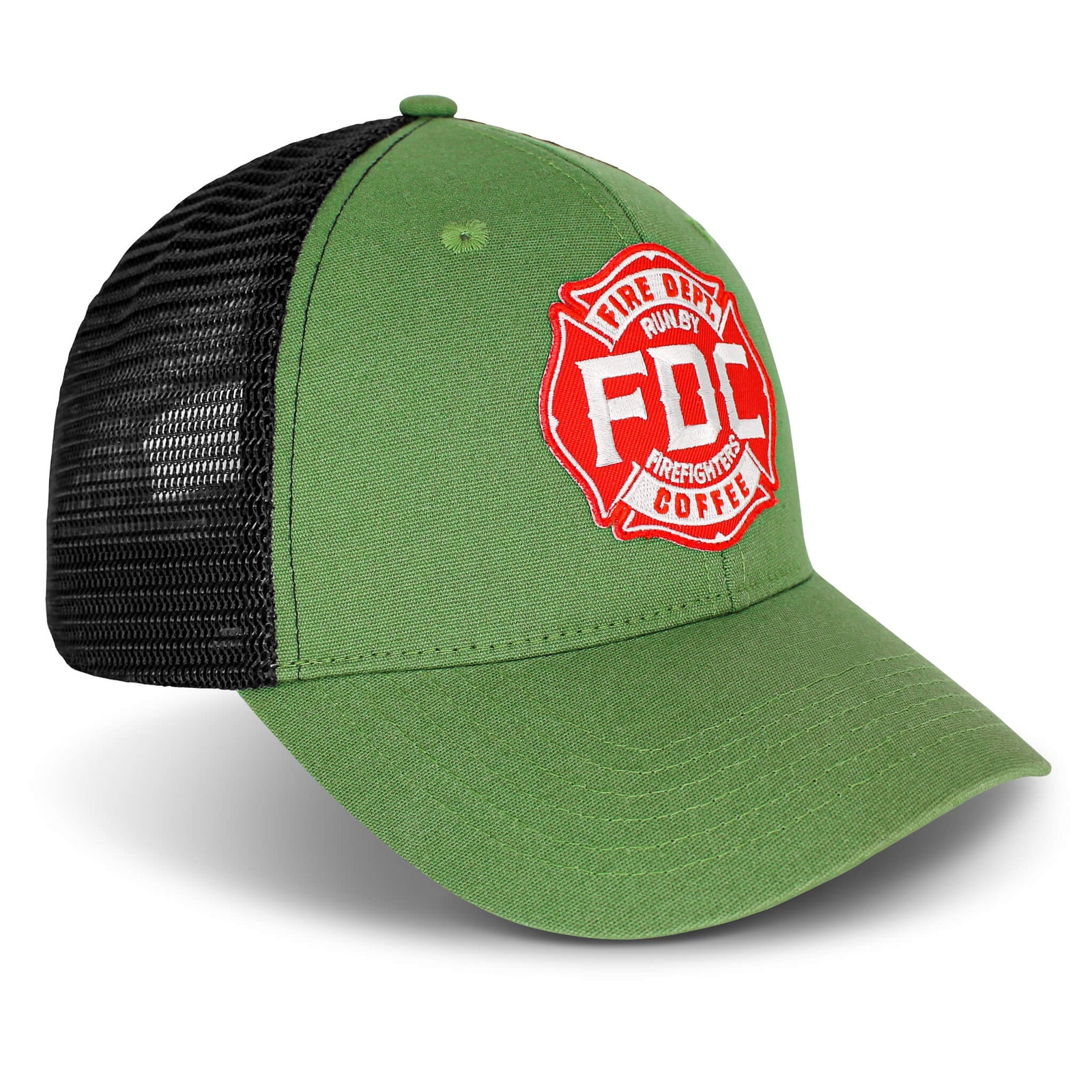A 3/4 angle image of the FDC Green Hat featuring a green camo design with a red FDC Maltese cross logo on the front.