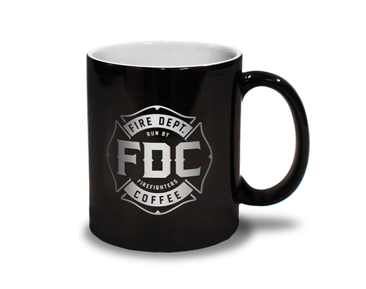 The cold version of FDC’s Flame Color Changing Mug. It is black with the maltese cross logo in white.
