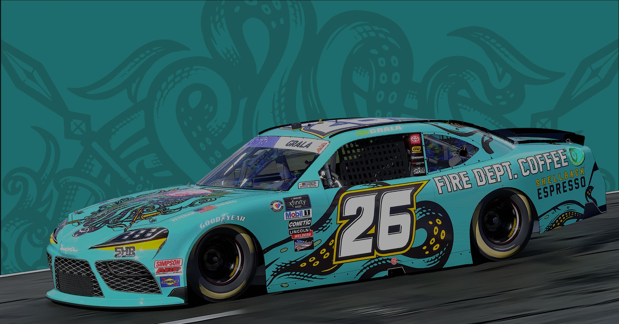 Shellback Espresso themed NASCAR scheme in teal blue with the number 26 on the side.