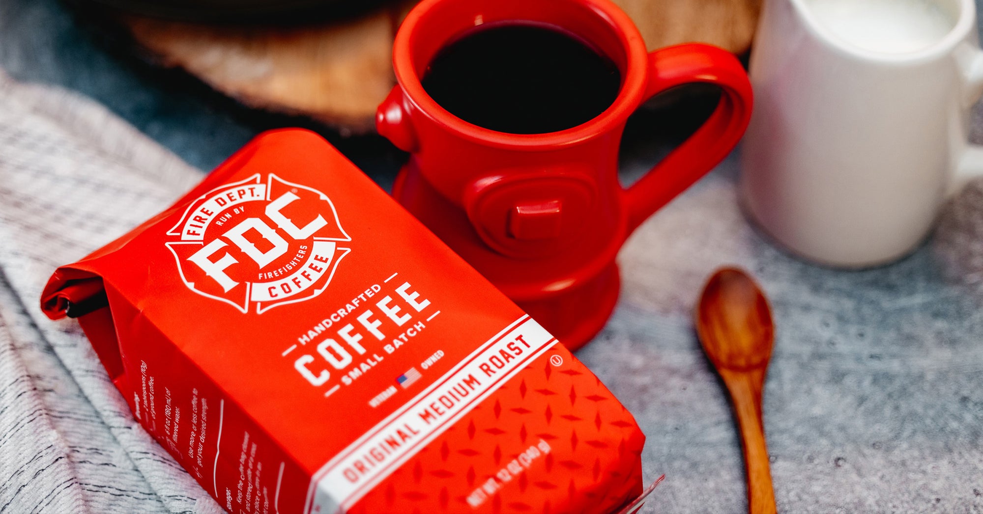 Red Fire Dept. Coffee bag and a red hydrant coffee mug