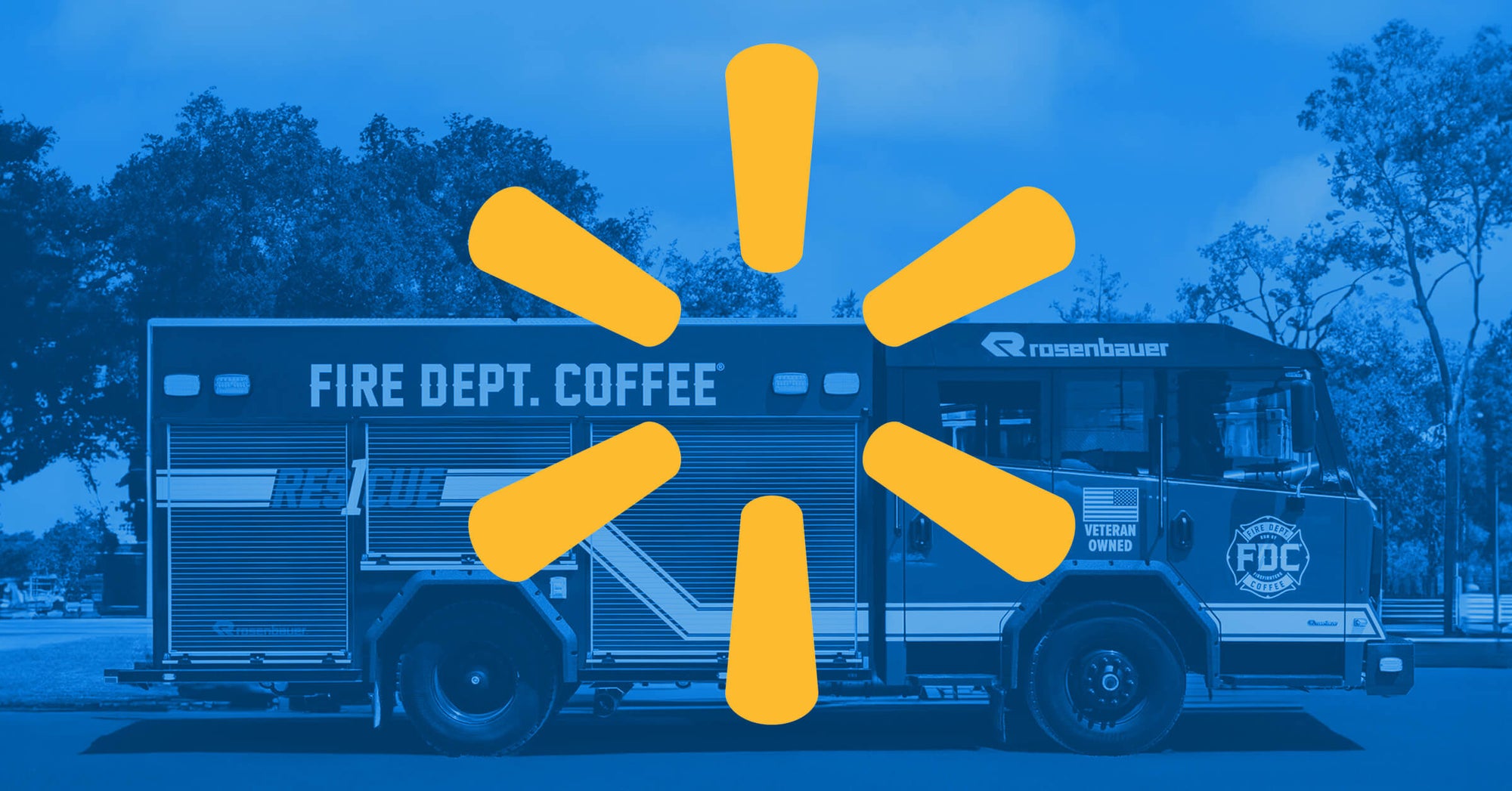 Fire Department Coffee firetruck in background behind Walmart logo.