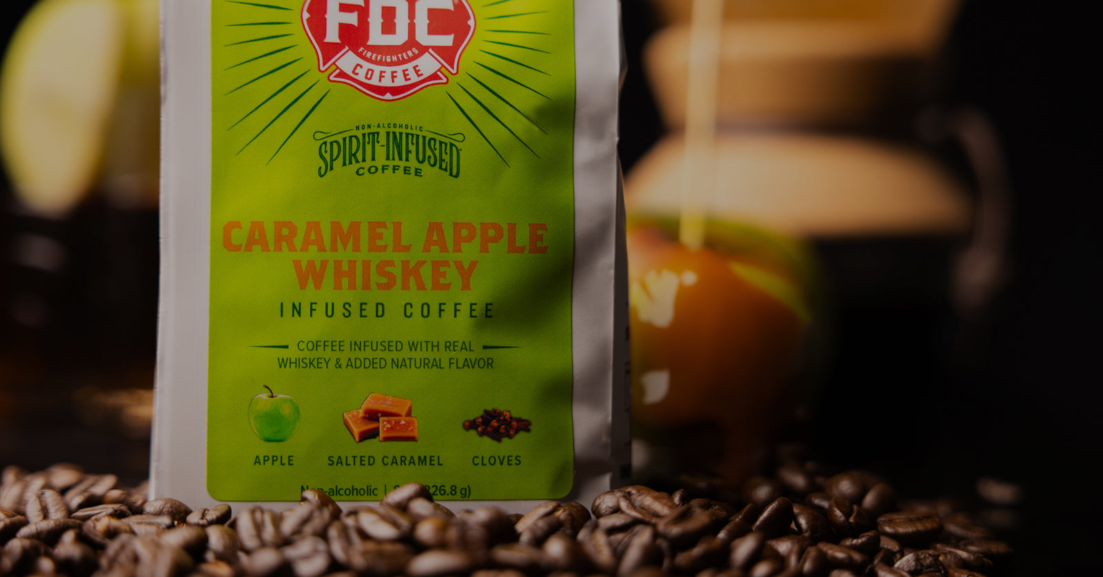 Close up of Caramel Apple Whiskey Infused Coffee bag.