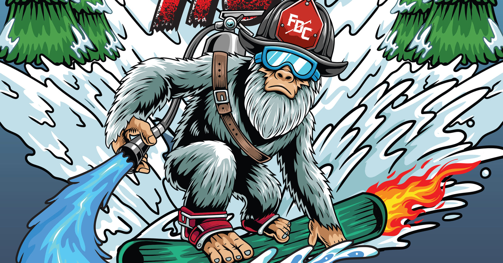 Graphic of a firefighting yeti snowboarding down a mountain.
