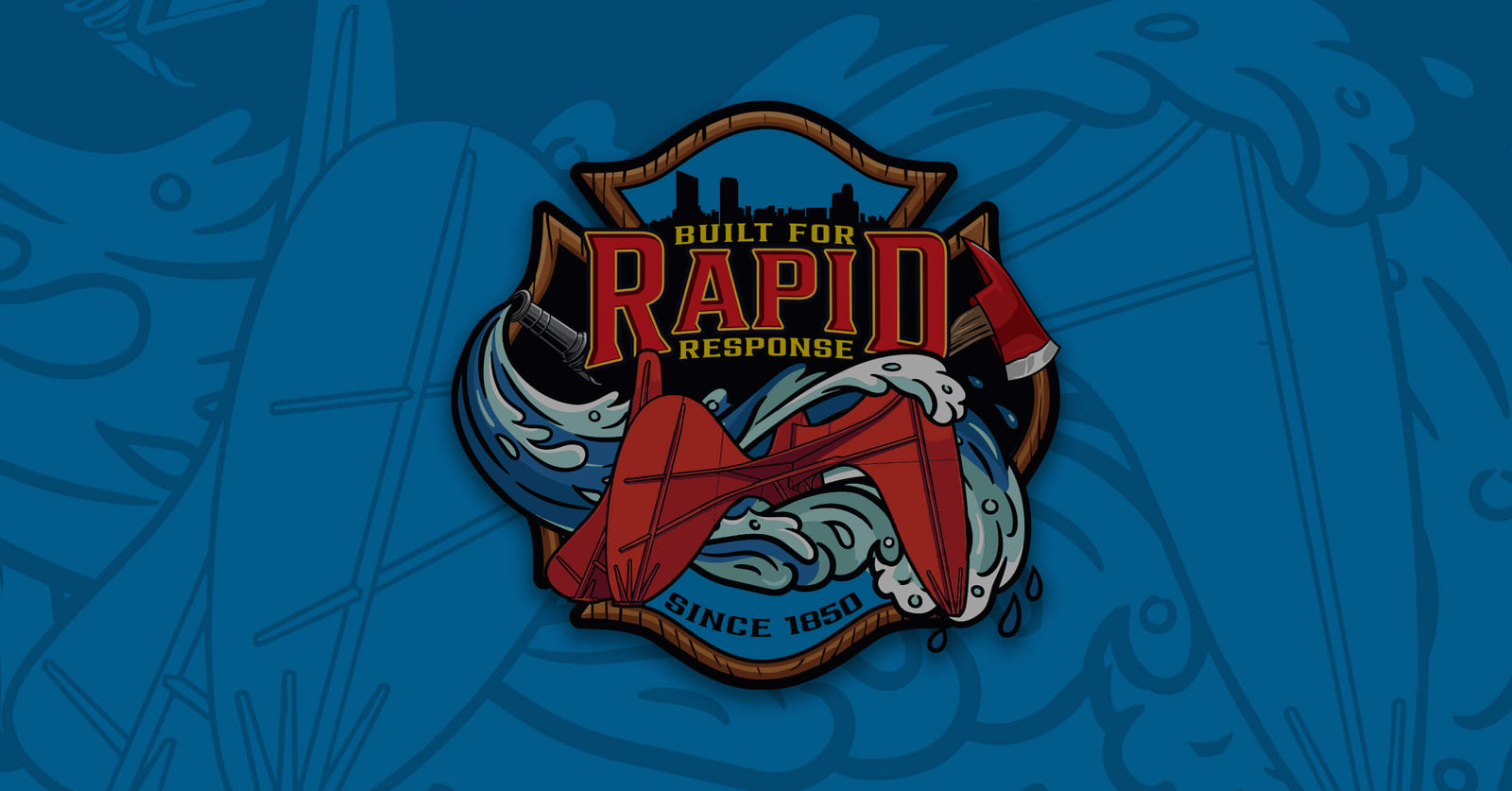 A background graphic showing the Calder, a firehose, an axe, waves and the skyline of Grand Rapids, Michigan within a Maltese cross shape on a blue background.