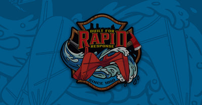 A background graphic showing the Calder, a firehose, an axe, waves and the skyline of Grand Rapids, Michigan within a Maltese cross shape on a blue background.