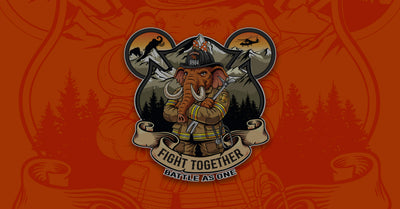A graphic of an female mammoth firefighter character surrounded by mountains and trees inside a Maltese cross shape on an orange background.