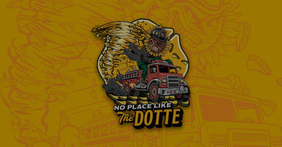An illustration depicting a sunflower dressed as a firefighter with a fierce look on its face while driving a fire truck on road made of tacos creating a tornado behind it on a yellow background.