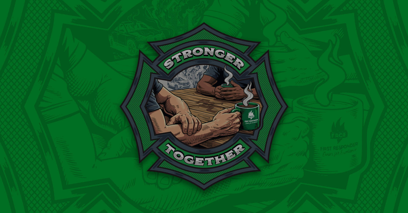 An illustration depicting two firefighters sitting at a kitchen table having a conversation set within a Maltese cross on a green background.