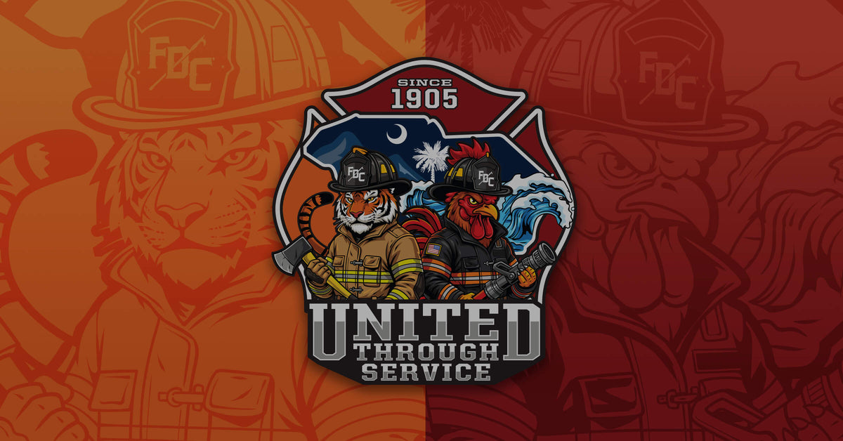 Graphic showing a tiger and rooster dressed as firefighters. The shape of the state of South Carolina contains depictions of mountains and waves all with a Maltese cross shape and the words "United Through Service."
