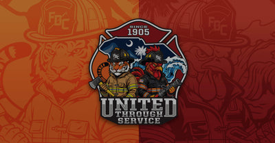 Graphic showing a tiger and rooster dressed as firefighters. The shape of the state of South Carolina contains depictions of mountains and waves all with a Maltese cross shape and the words "United Through Service."