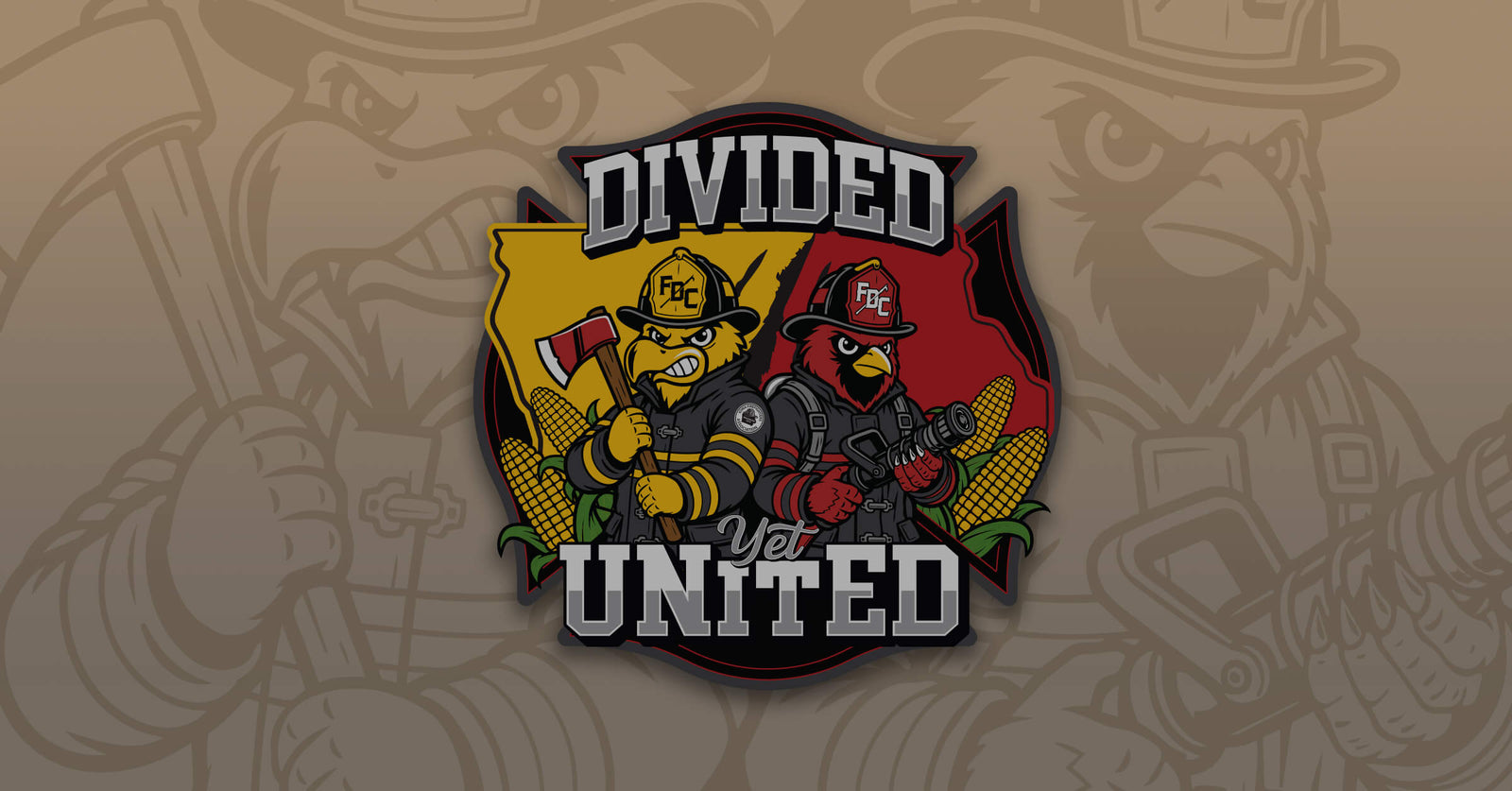 Graphic showing two bird mascots dressed as firefighters in from over the state of Iowa inside a Maltese cross with the words "Divided Yet United."