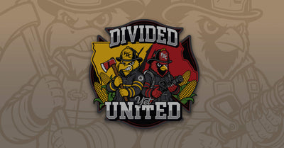 Graphic showing two bird mascots dressed as firefighters in from over the state of Iowa inside a Maltese cross with the words "Divided Yet United."