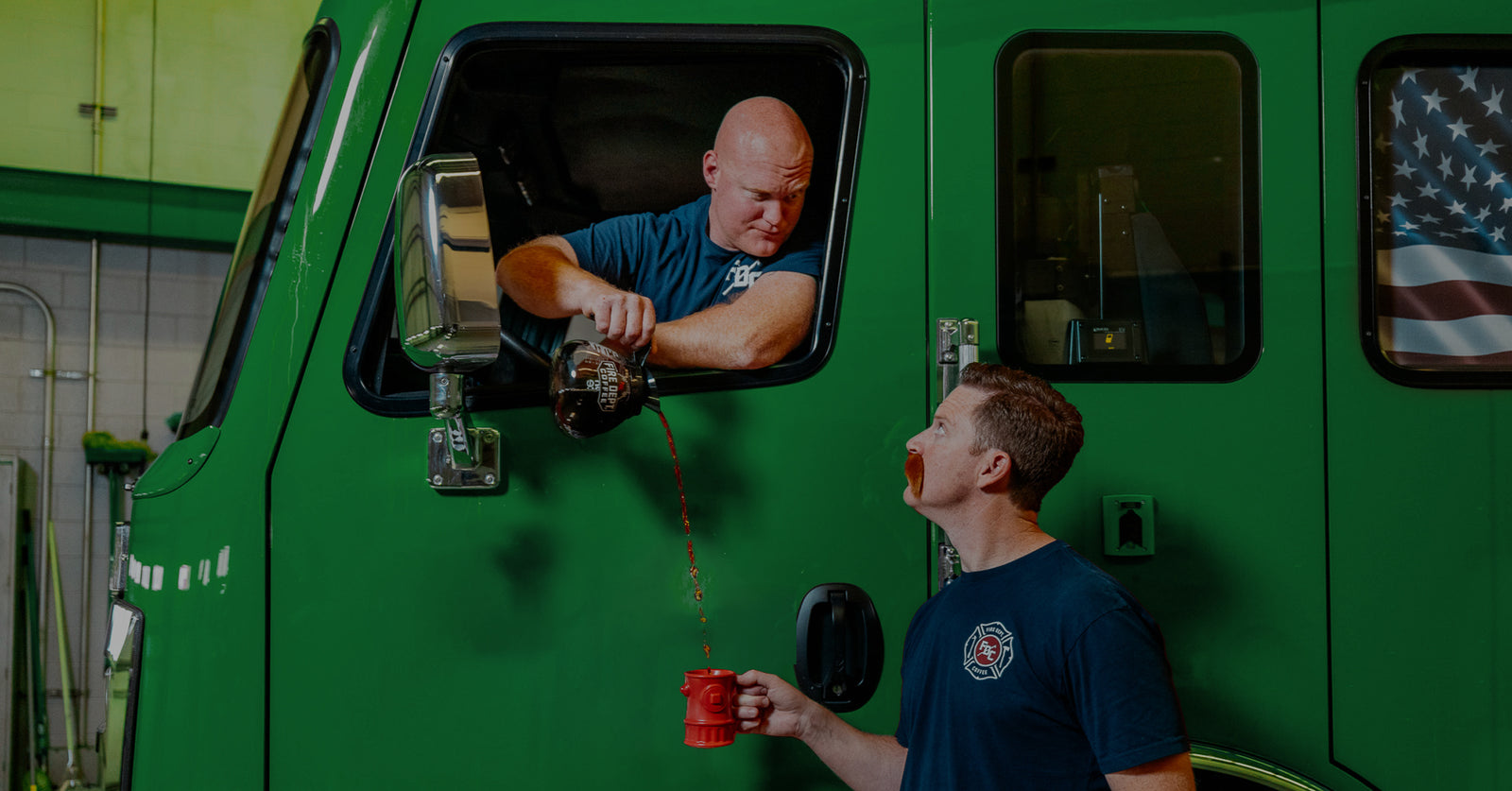 Jason Patton pouring coffee from a fire truck into a mug Firefighter Fenton is holding.