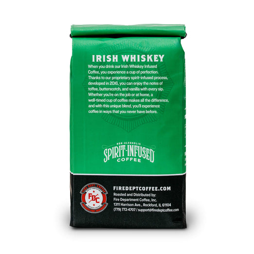 Fire Dept. Coffee’s 12 ounce Irish Whiskey Infused Coffee in a rectangular package.