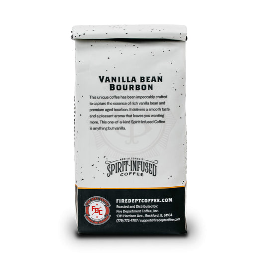 Fire Dept. Coffee’s 12 ounce Vanilla Bean Bourbon Infused Coffee in a rectangular package.