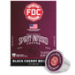 A box of FDC Fire Department Spirit-Infused Coffee in Black Cherry Bourbon flavor, shown alongside a single single-serve coffee capsule on a clean white background.