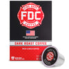 FDC Fire Department Coffee Dark Roast Coffee retail box with a single single-serve coffee capsule in front, on a white background.