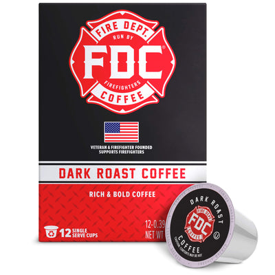 FDC Fire Department Coffee Dark Roast Coffee retail box with a single single-serve coffee capsule in front, on a white background.