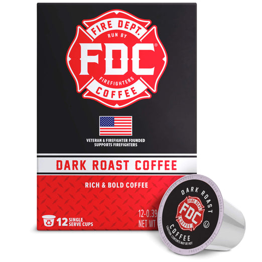 FDC Fire Department Coffee Dark Roast Coffee retail box with a single single-serve coffee capsule in front, on a white background.