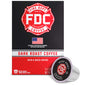 FDC Fire Department Coffee Dark Roast Coffee retail box with a single single-serve coffee capsule in front, on a white background.