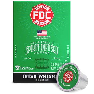 FDC Fire Department Spirit Infused Coffee Irish Whiskey flavor box with one single-serve coffee capsule shown in front on a white background.