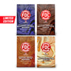Product grouping showing four coffee bags together. The bags include a bag of Blueberry Crumble Bourbon Infused Coffee, Mexican Chocolate Tequila Infused Coffee, Butter Toffee Bourbon Infused Coffee, and Toasted Marshmallow Whiskey Infused Coffee all set on a white background.