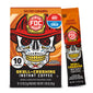 FCD Fire Department Salted Caramel Instant Coffee packaging, showing a 10-count box alongside a single stick pouch. The design features a skull wearing a firefighter helmet with a red, orange, and black color scheme and a blue ’Enjoy Hot or Cold’ badge.