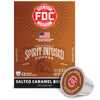 FDC Fire Department Spirit Infused Coffee box in Salted Caramel Bourbon flavor, shown with one single-serve coffee capsule in front on a white background.