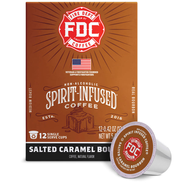 FDC Fire Department Spirit Infused Coffee box in Salted Caramel Bourbon flavor, shown with one single-serve coffee capsule in front on a white background.