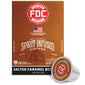 FDC Fire Department Spirit Infused Coffee box in Salted Caramel Bourbon flavor, shown with one single-serve coffee capsule in front on a white background.