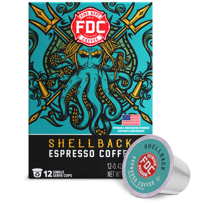 FDC Fire Department Shellback Espresso Coffee box with a single capsule shown in front on a white background.