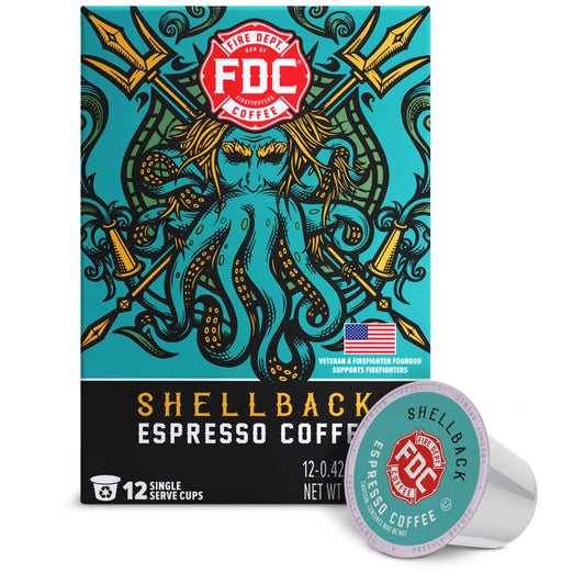 FDC Fire Department Shellback Espresso Coffee box with a single capsule shown in front on a white background.