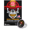 FDC Skull-Crushing Espresso Coffee packaging box with a large skull wearing a firefighter helmet graphic, shown alongside a single coffee pod on a white background.