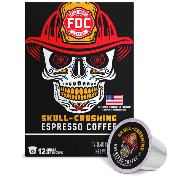 FDC Skull-Crushing Espresso Coffee packaging box with a large skull wearing a firefighter helmet graphic, shown alongside a single coffee pod on a white background.