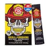 A box and single stick pack of FDC Fire Department Skull-Crushing Instant Espresso Coffee, featuring a graphic of a skull wearing a firefighter helmet on a yellow and black background.