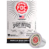 FDC Fire Department Vanilla Bean Bourbon coffee packaging box with a single coffee capsule in front, on a white background.