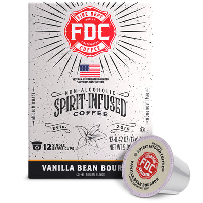 FDC Fire Department Vanilla Bean Bourbon coffee packaging box with a single coffee capsule in front, on a white background.