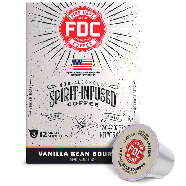 FDC Fire Department Vanilla Bean Bourbon coffee packaging box with a single coffee capsule in front, on a white background.