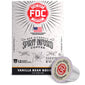 FDC Fire Department Vanilla Bean Bourbon coffee packaging box with a single coffee capsule in front, on a white background.