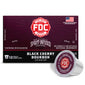 A box of FDC Fire Department Spirit Infused Coffee in Black Cherry Bourbon flavor, shown alongside two individual single-serve coffee capsules on a clean white background.