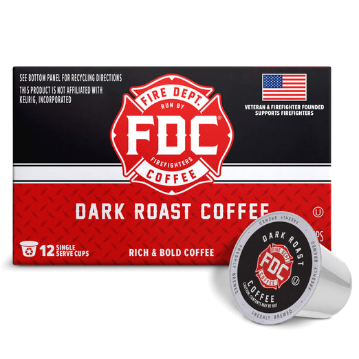 FCD Fire Department Coffee Dark Roast Coffee box with a single capsule shown in front on a white background.