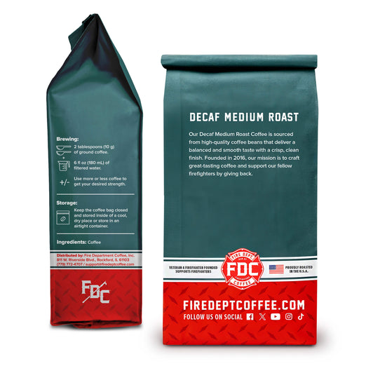 Two views of a Fire Dept Coffee bag of Decaf Medium Roast coffee, showing the front and back packaging on a white background.
